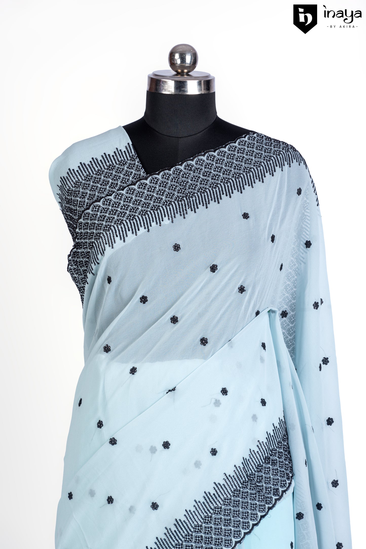 Aqua Serenity Georgette Saree with Geometric Borders