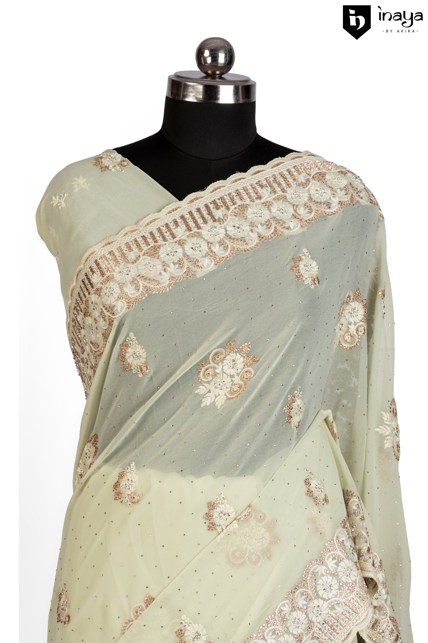 Pista Green Georgette Saree with Golden Embellishments