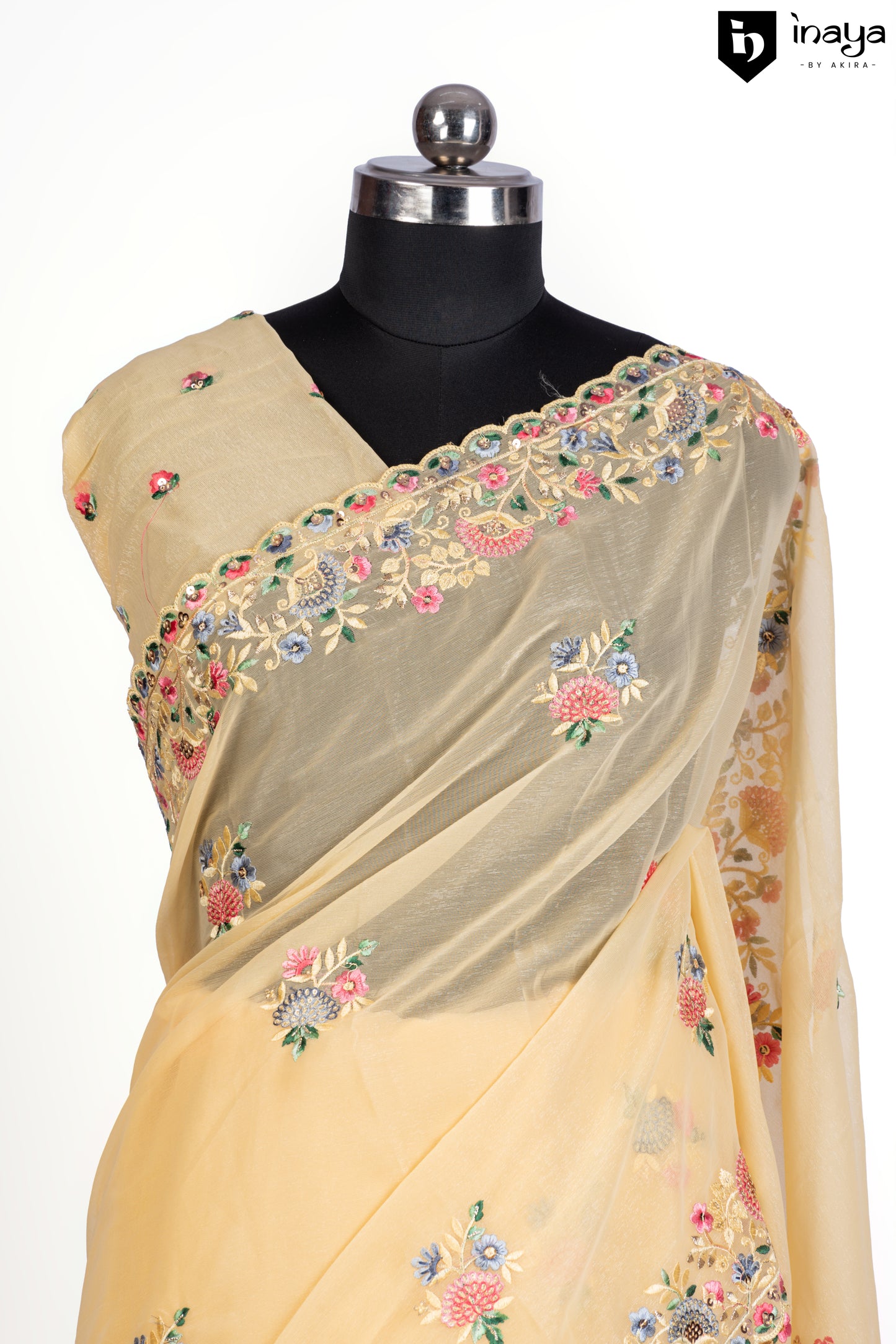 Sunshine Yellow Georgette Saree with Floral Embroidery
