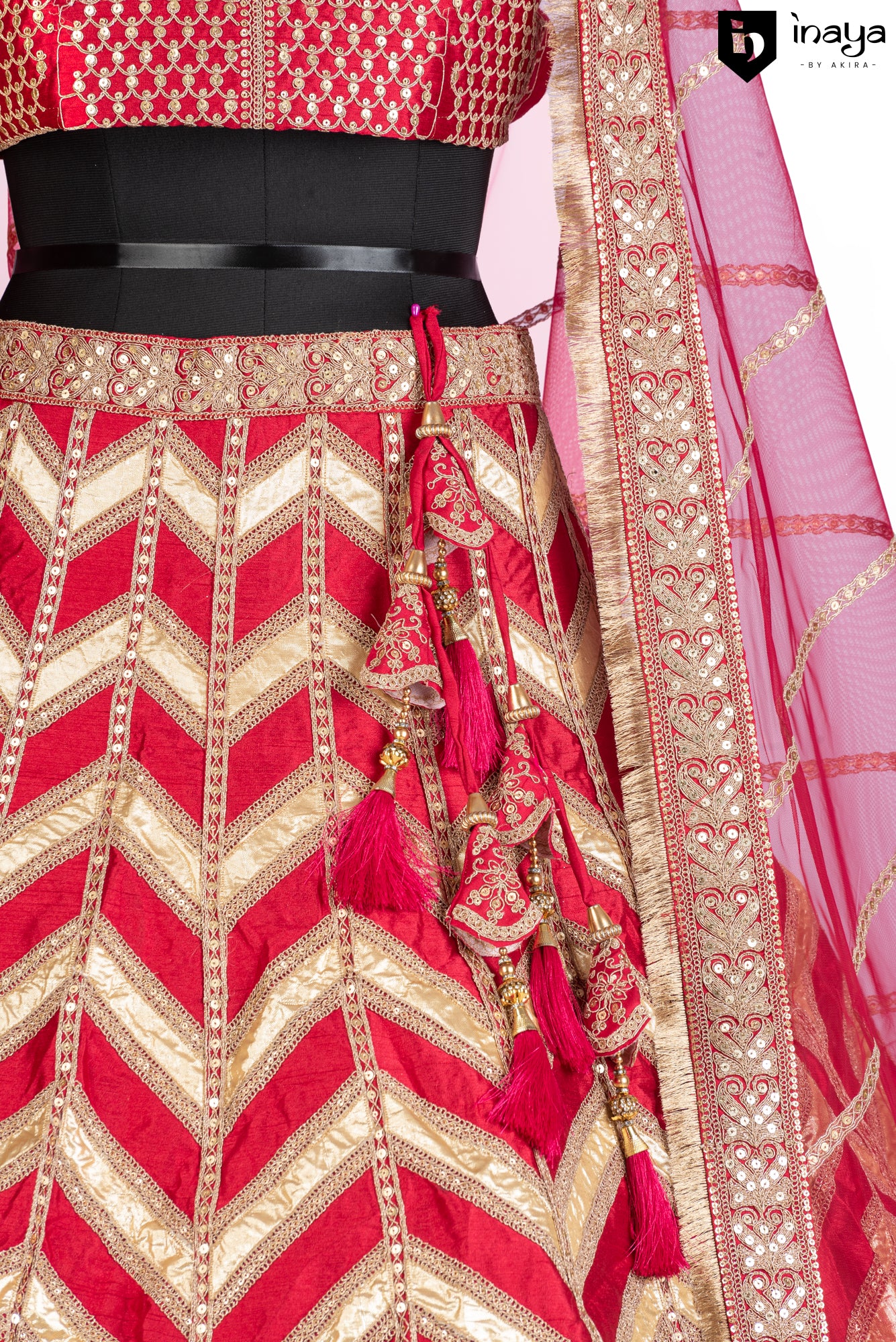Regal Ruby Splendor: Semi-Stitched Geometric Silk Lehenga in Luxe Fabric
