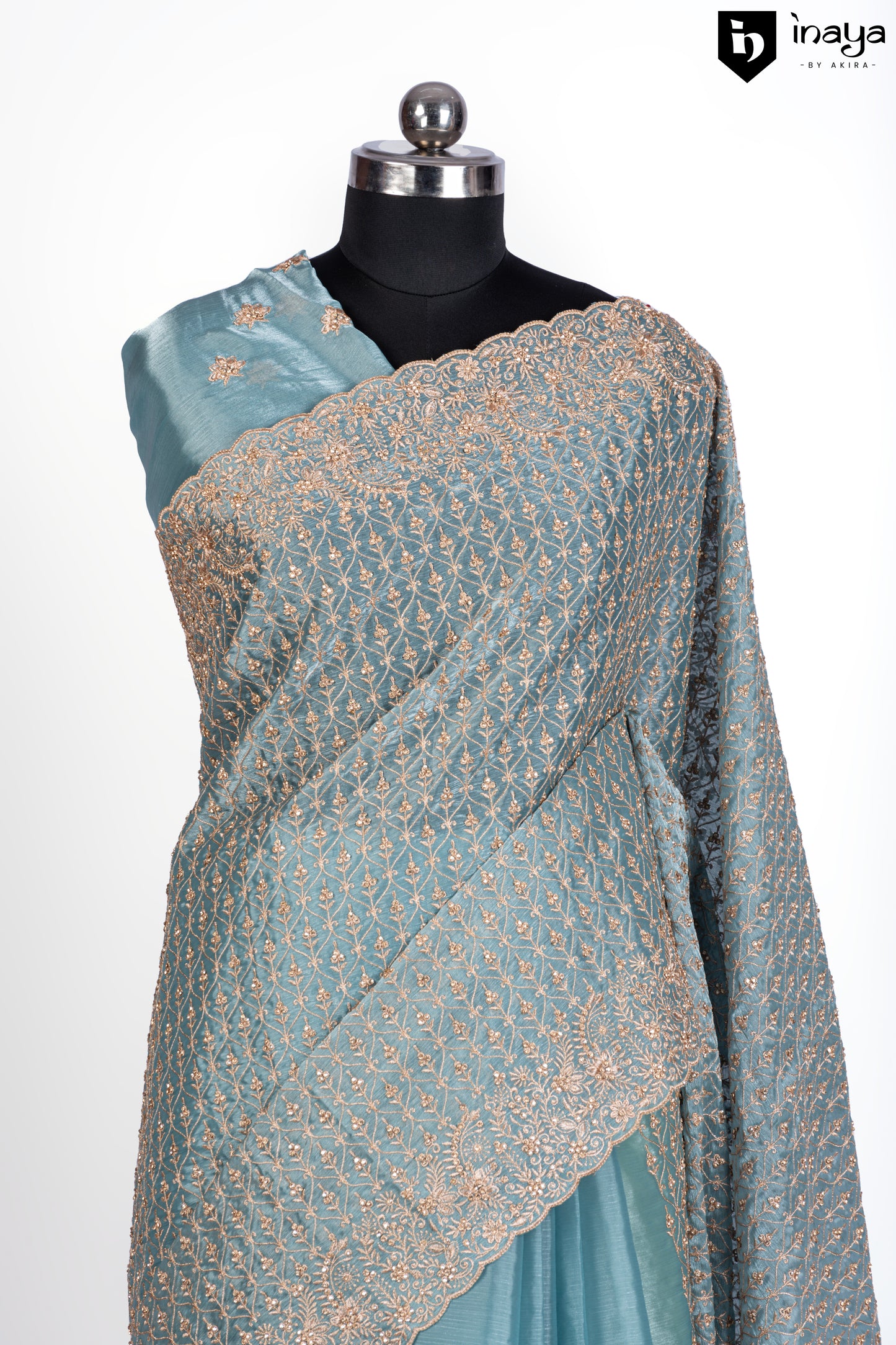 Aqua Mist Organza Saree with Golden Embellishments