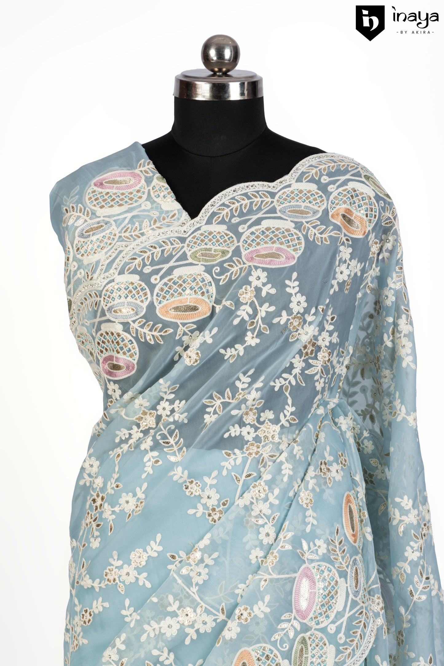 Aqua Whisper Organza Saree with Ethereal Embroidery
