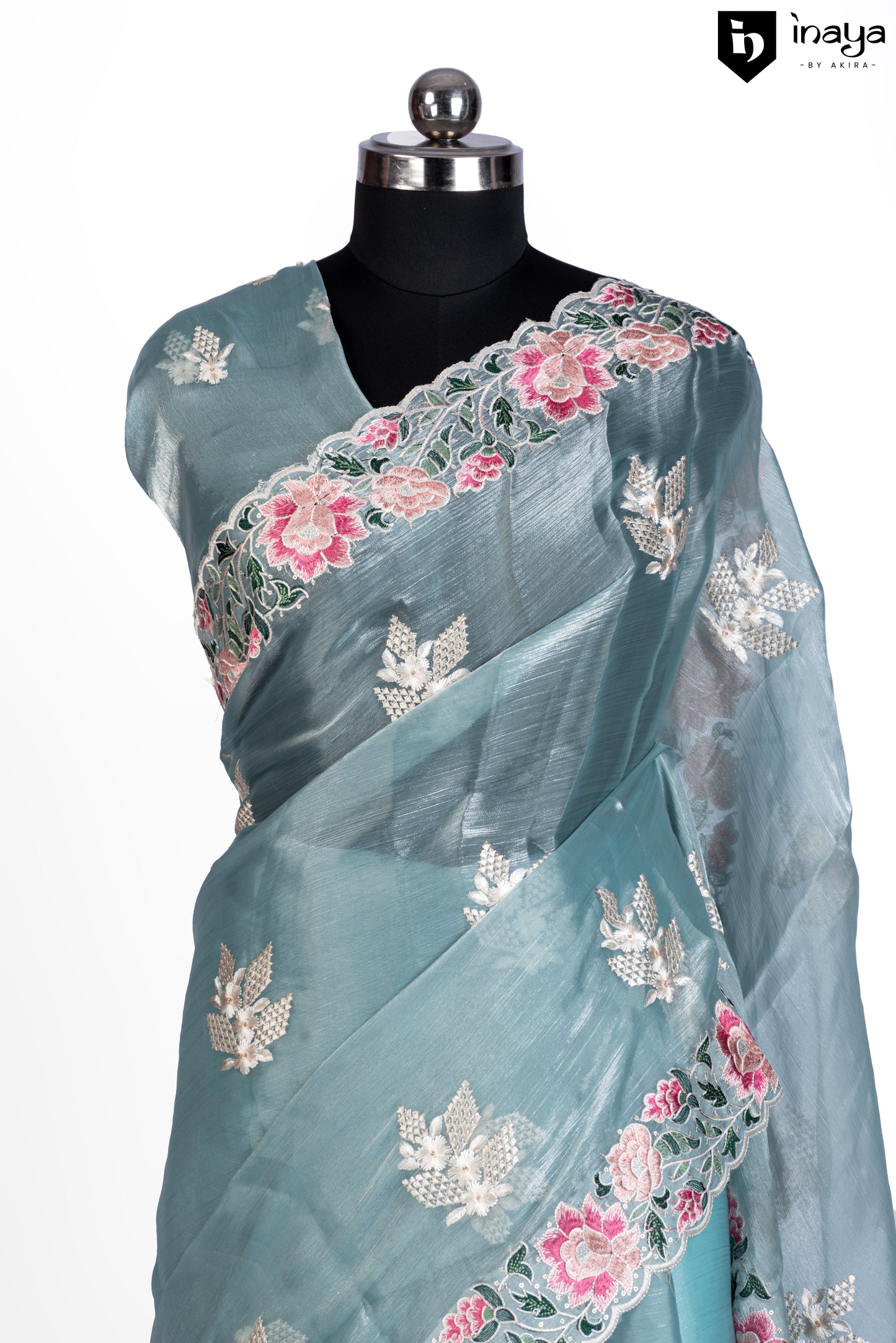 Aqua Serenity Organza Saree with Floral Embroidery