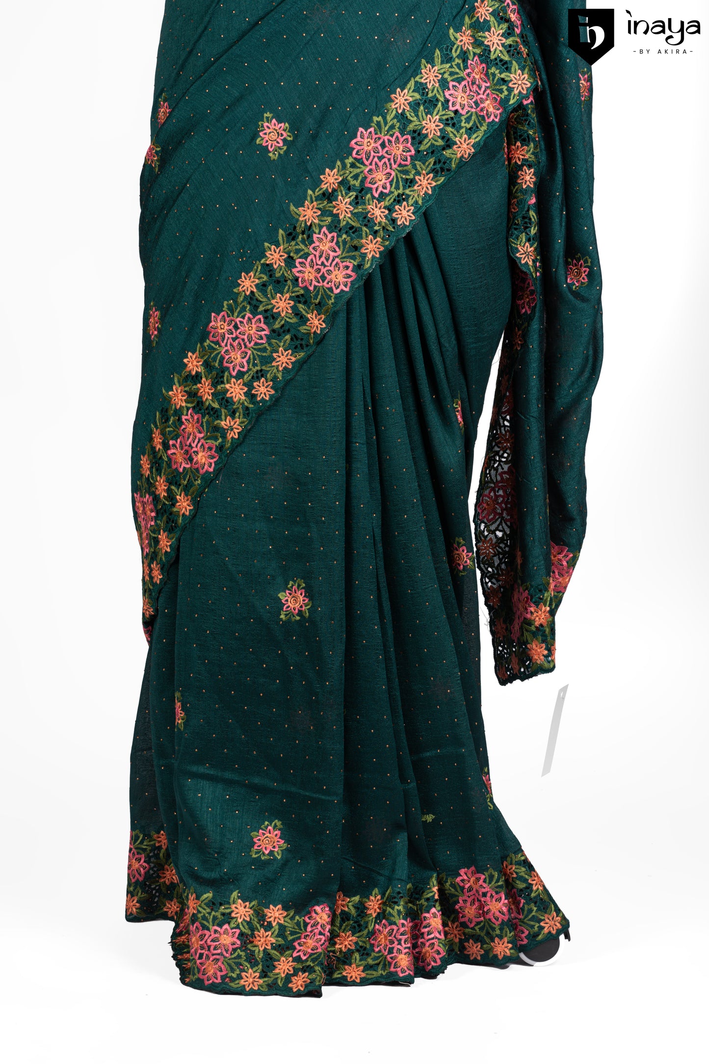 Emerald Elegance Georgette Saree with Floral Accents