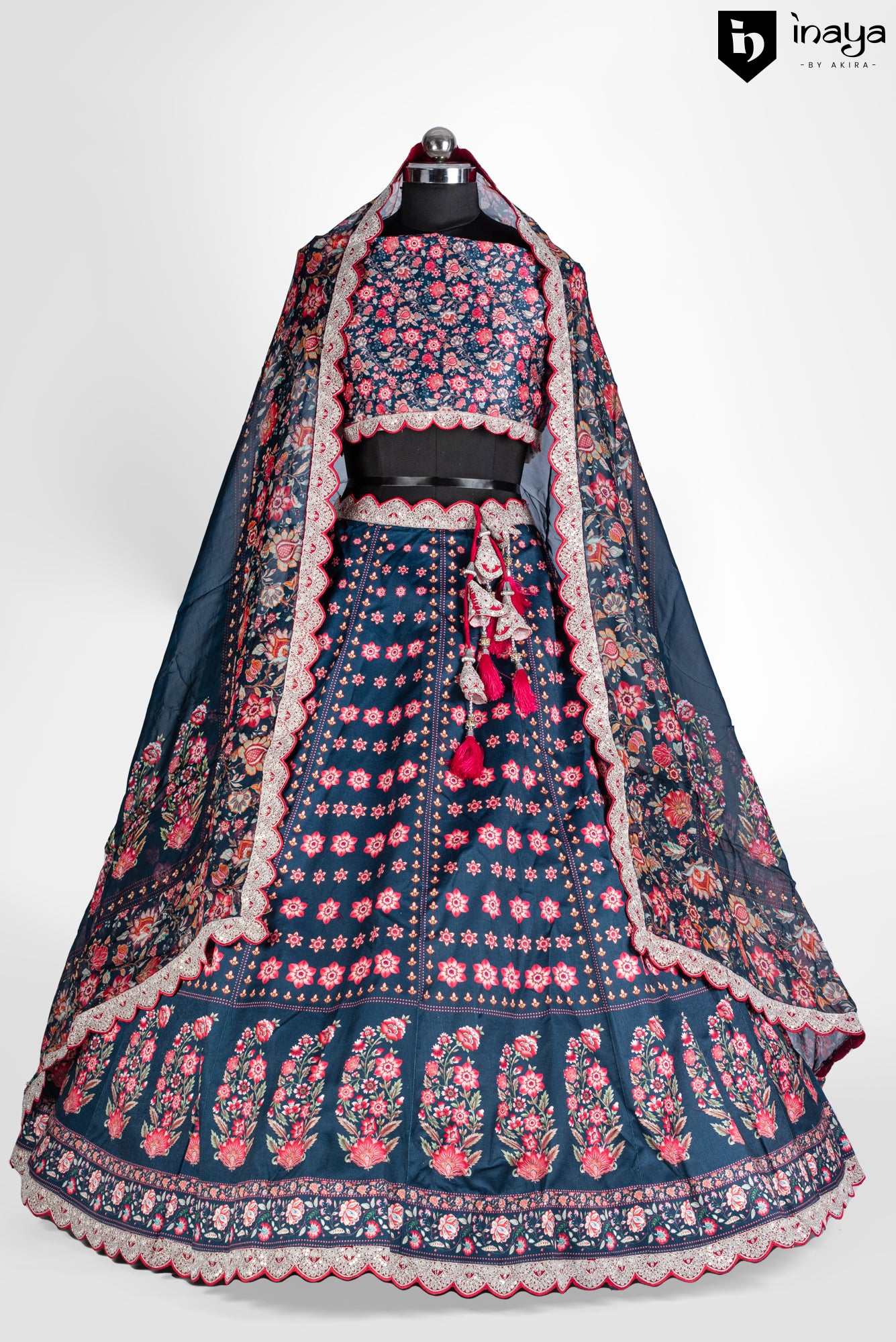 Indigo Impressions: Indigo Raw Silk Semi-Stitched Lehenga with Floral Embroidery