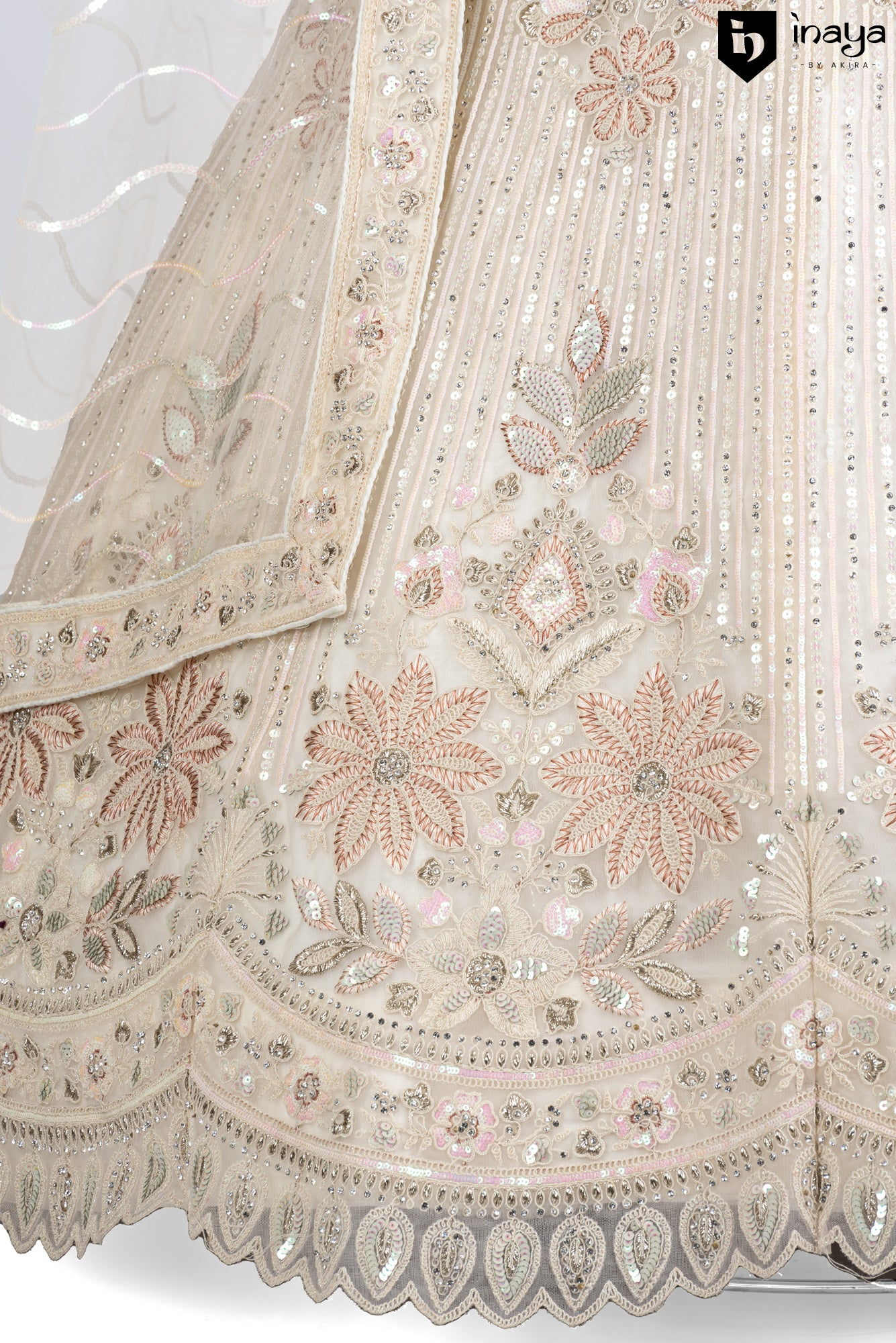 Ethereal Glow: Ivory Net Semi-Stitched Lehenga with Sequin Embroidery