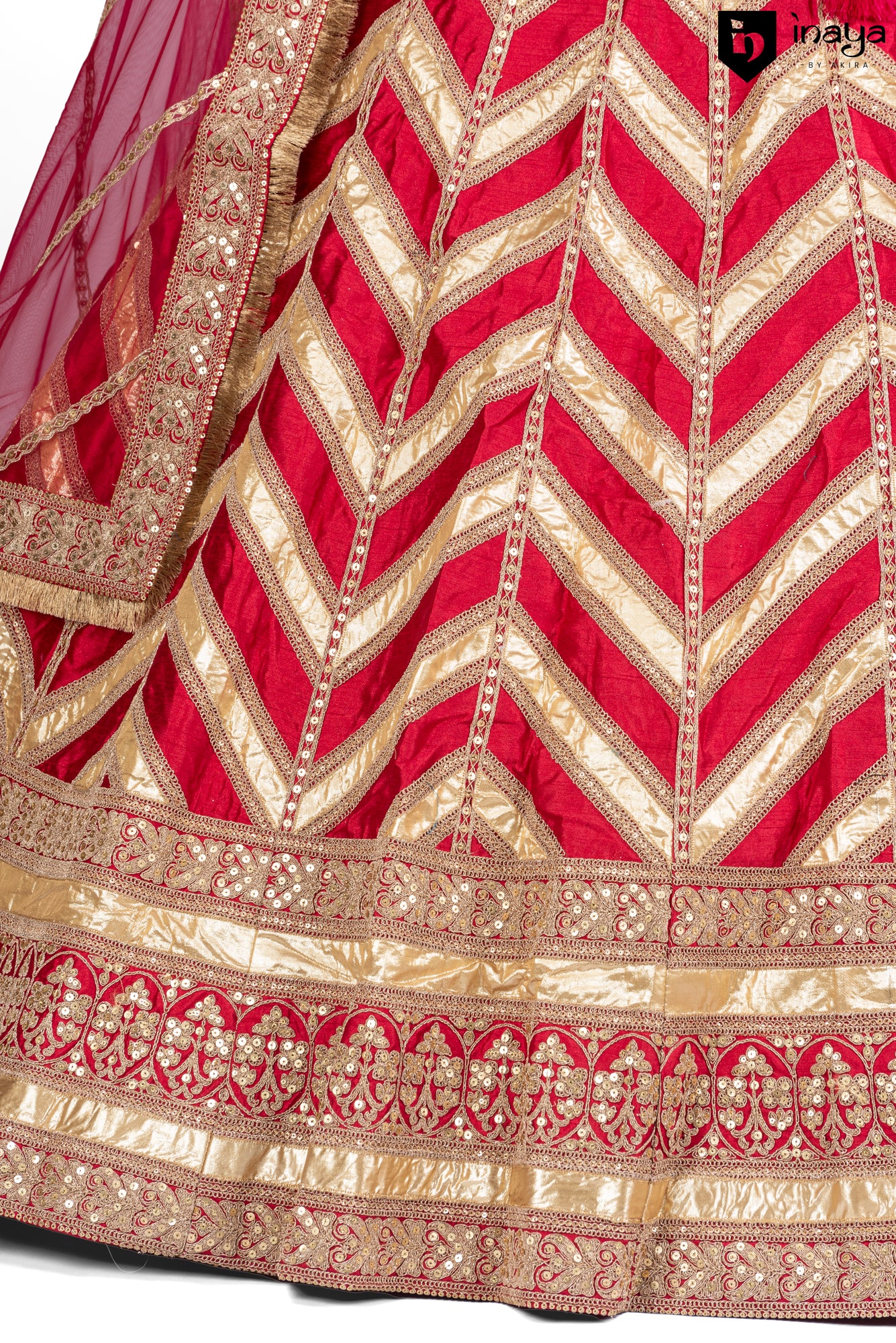 Regal Ruby Splendor: Semi-Stitched Geometric Silk Lehenga in Luxe Fabric