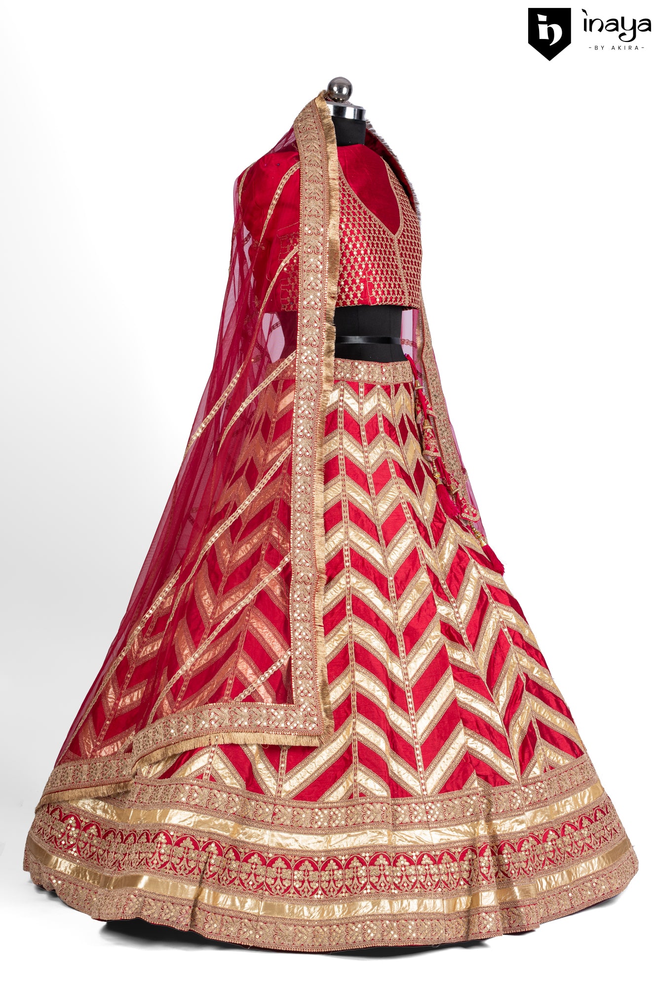 Regal Ruby Splendor: Semi-Stitched Geometric Silk Lehenga in Luxe Fabric