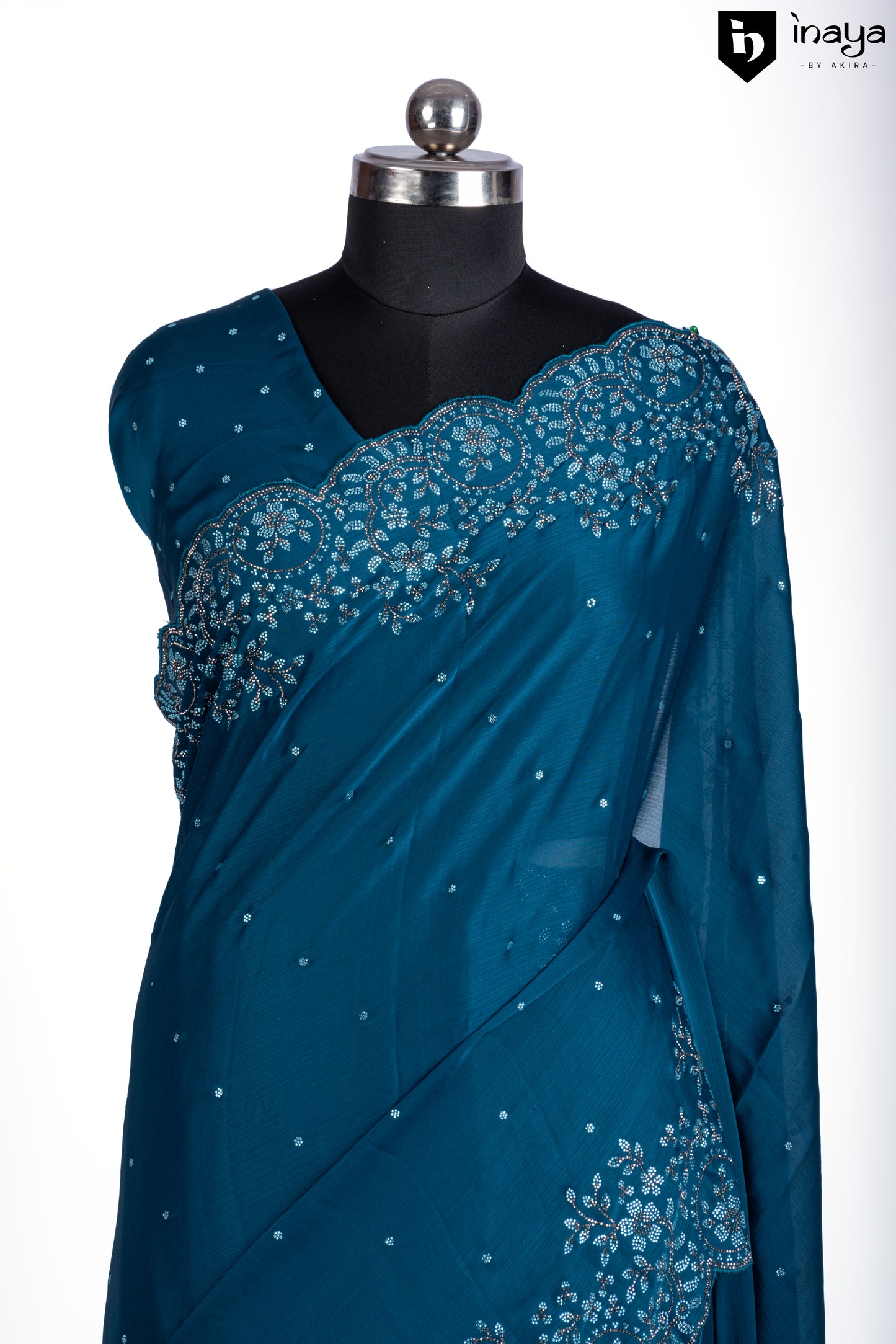 Teal Blue Chiffon Saree with Floral Sequins