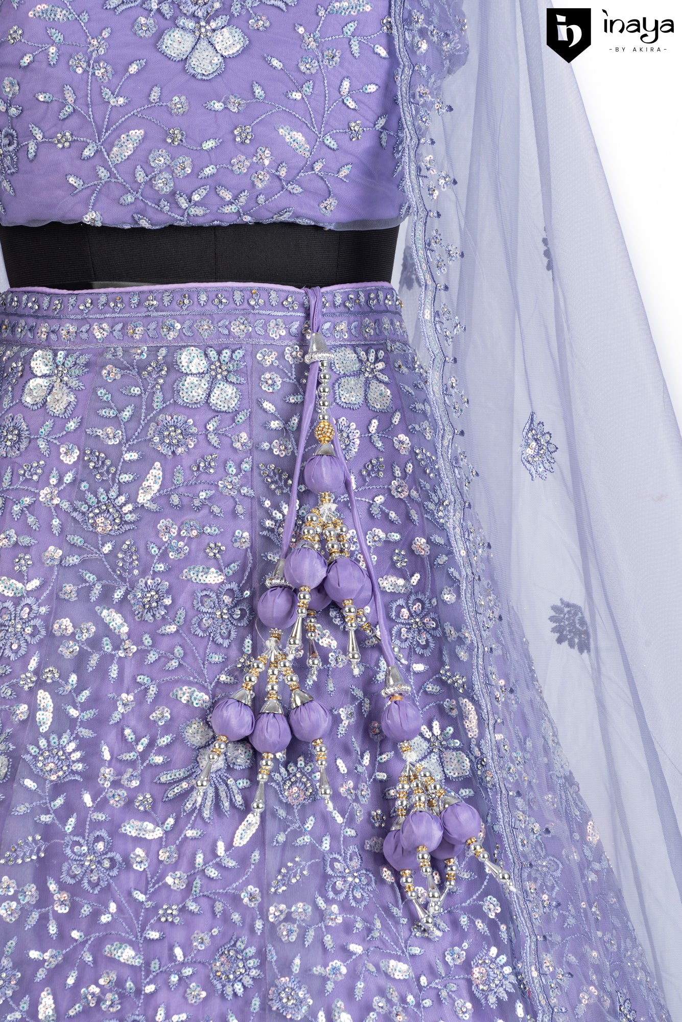 Lavender Luxe: Lavender Net Semi-Stitched Lehenga with Floral Embroidery