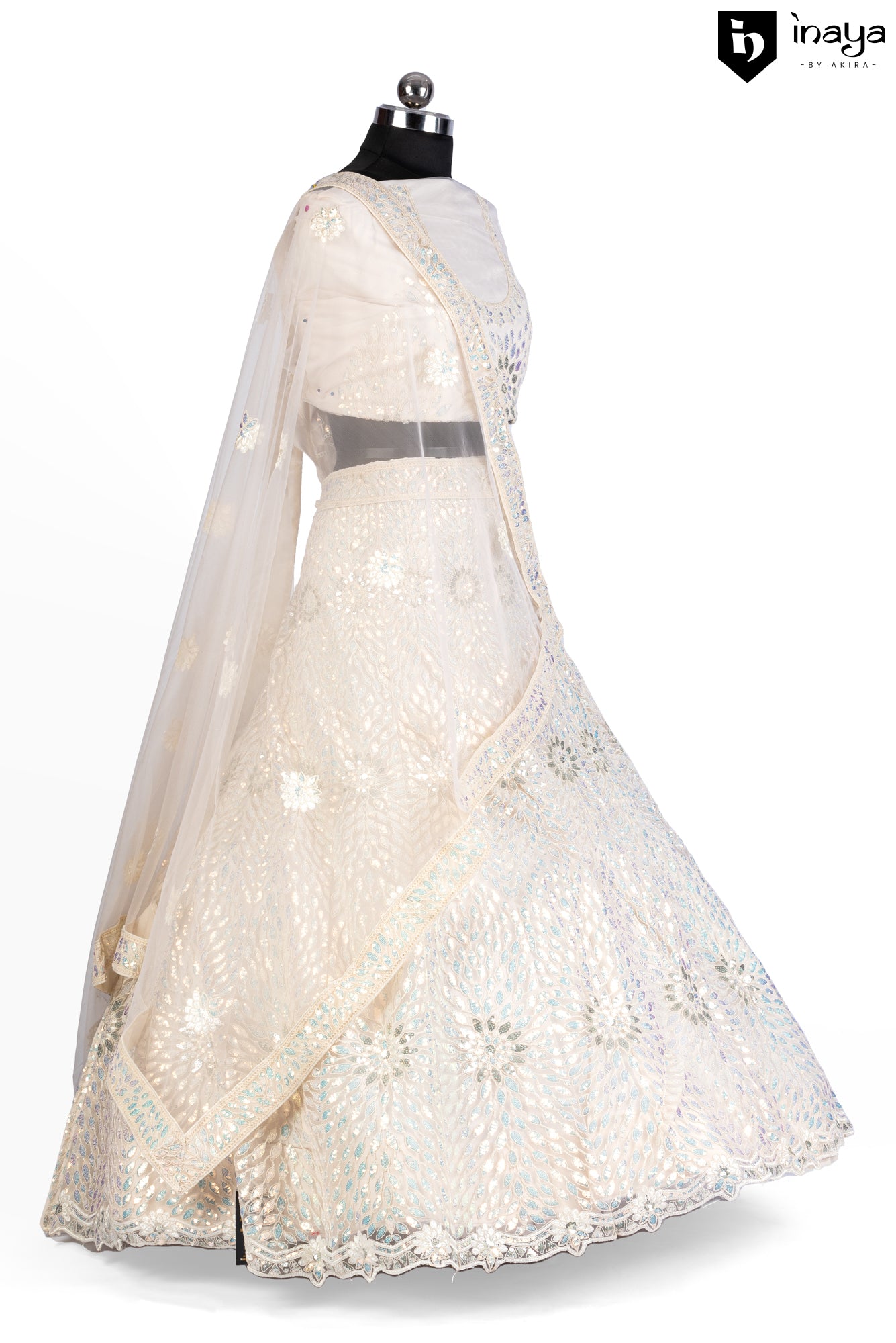 Iridescent Ivory: Ivory Net Semi-Stitched Lehenga with Crystal Embellishments