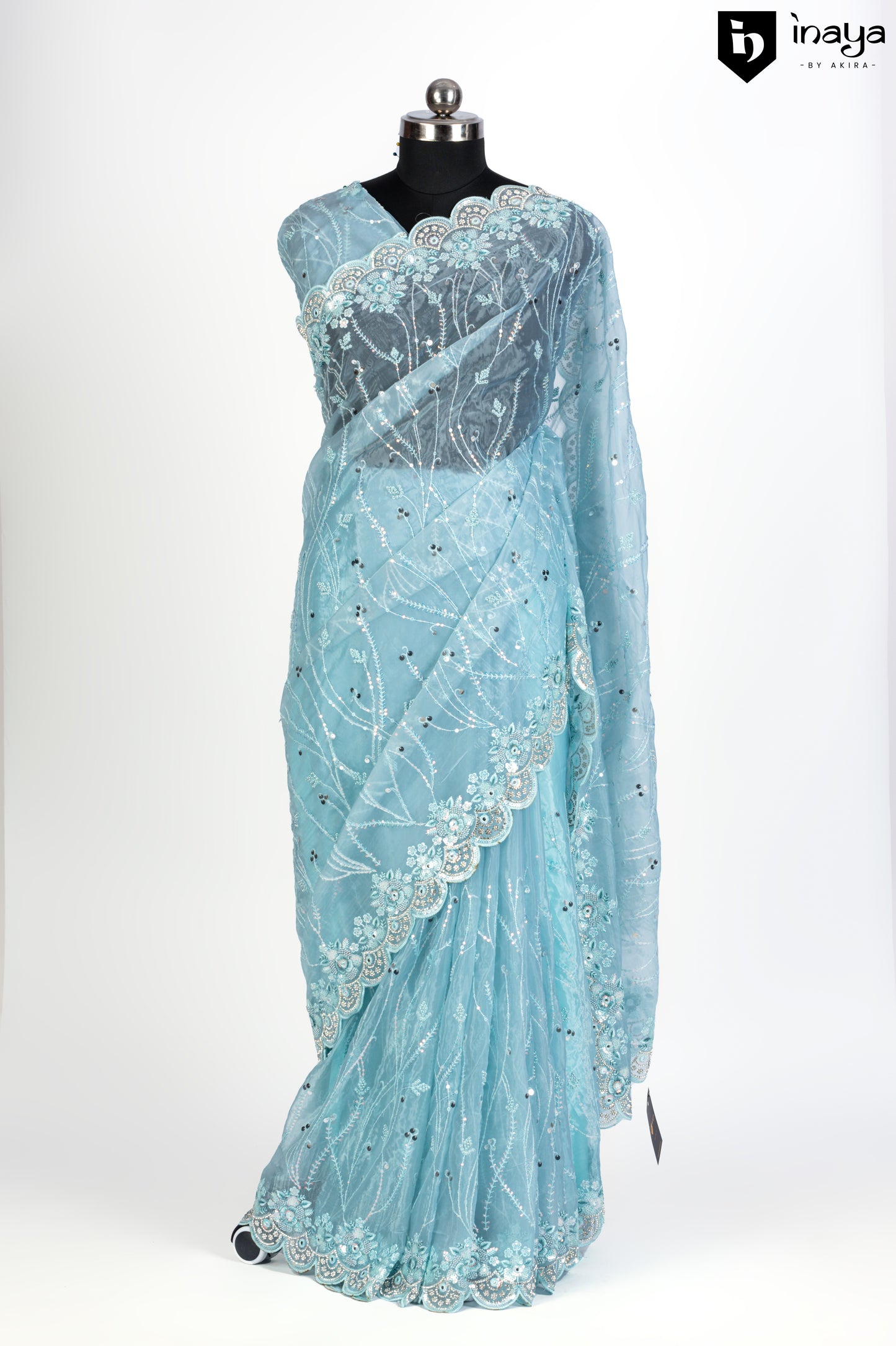 Aqua Elegance Organza Saree with Crystal Embellishments
