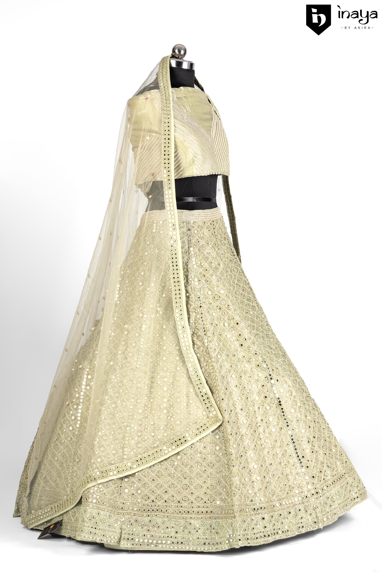 Glistening Beige Elegance: Beige Net Semi-Stitched Lehenga with Mirror Work