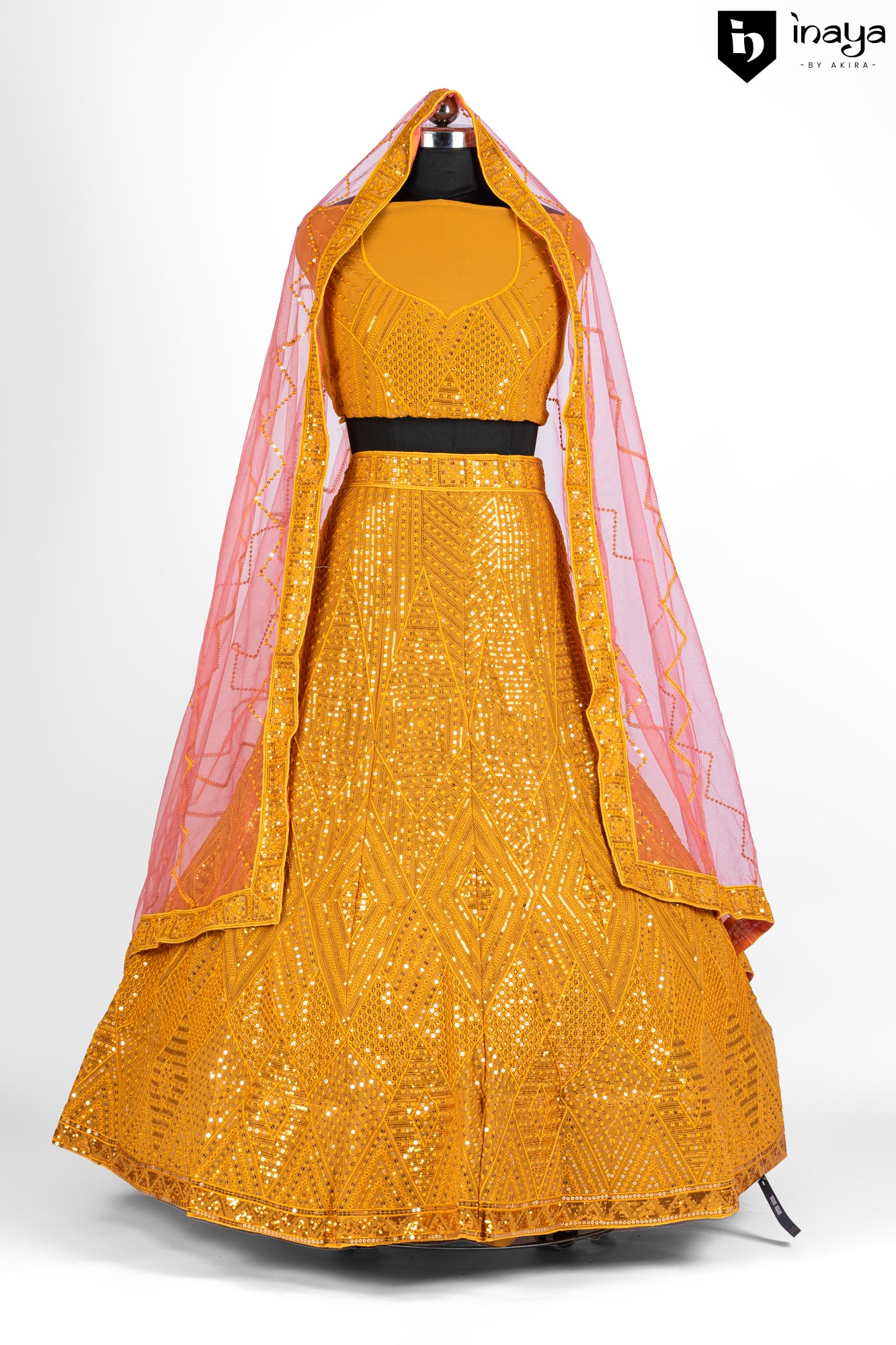 Golden Radiance Jacquard Semi-Stitched Lehenga with Pink Accents