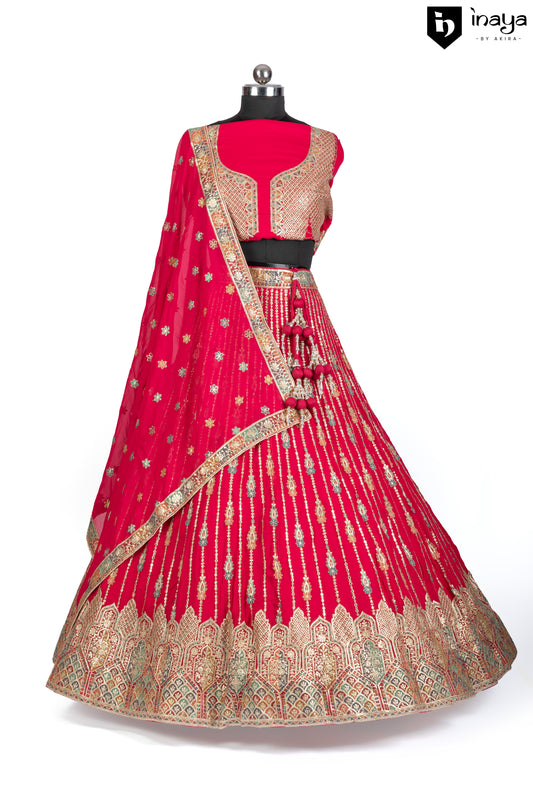 Crimson Elegance Semi-Stitched Bridal Lehenga with Golden Weave