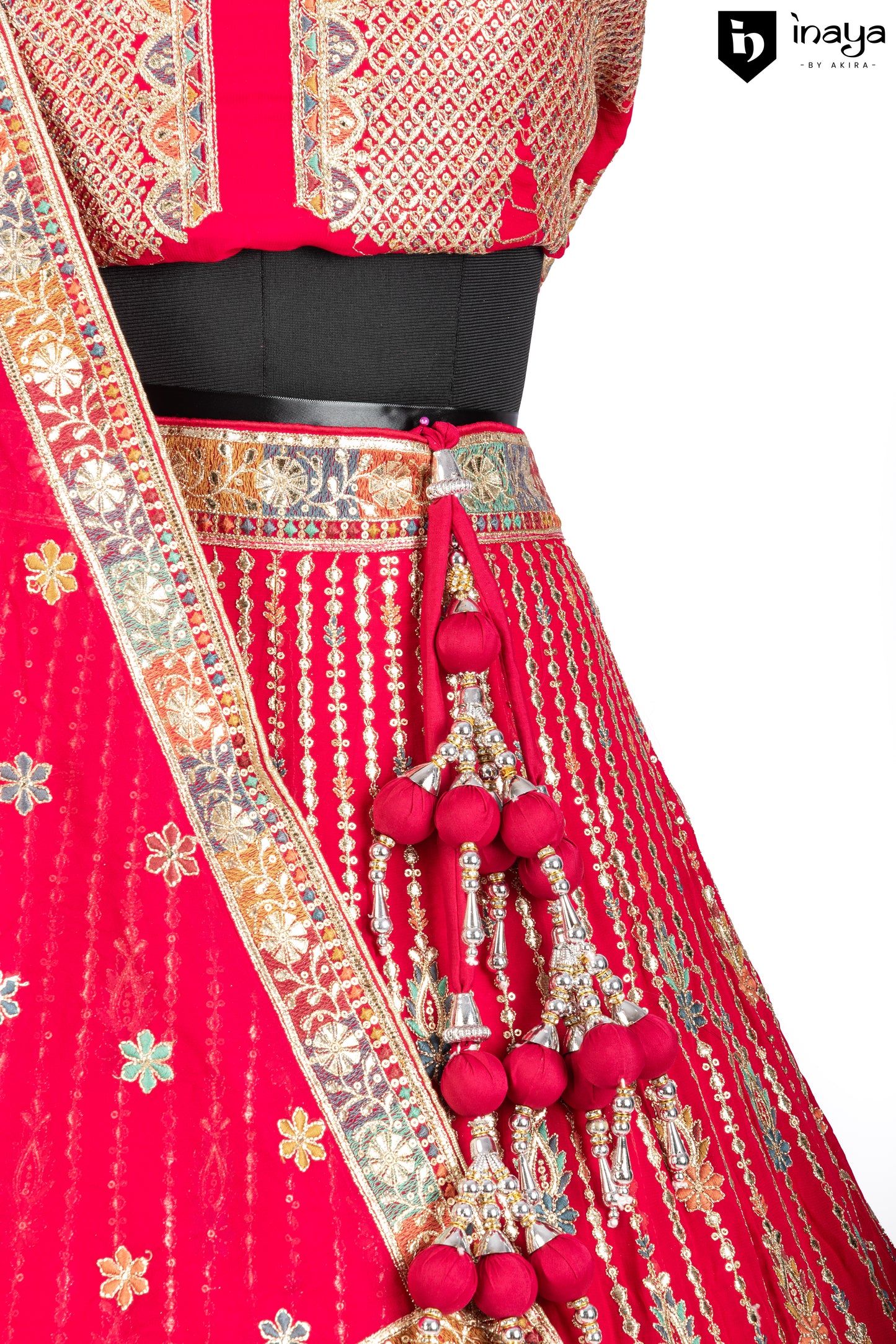 Crimson Elegance Semi-Stitched Bridal Lehenga with Golden Weave