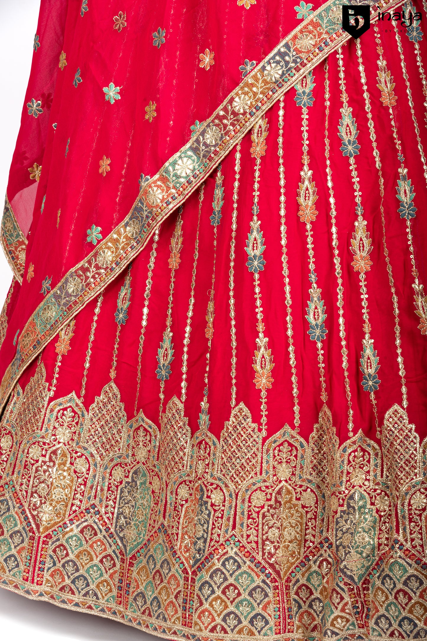 Crimson Elegance Semi-Stitched Bridal Lehenga with Golden Weave