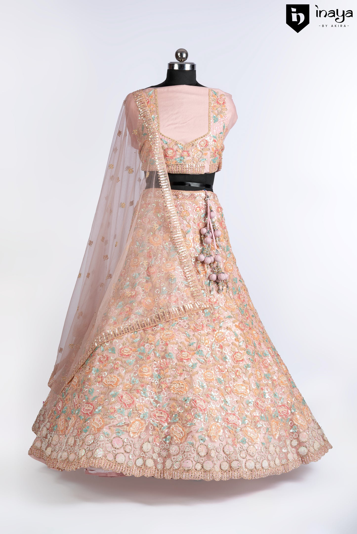 Peach Blossom Elegance Semi-Stitched Net Lehenga with Embellished Dupatta