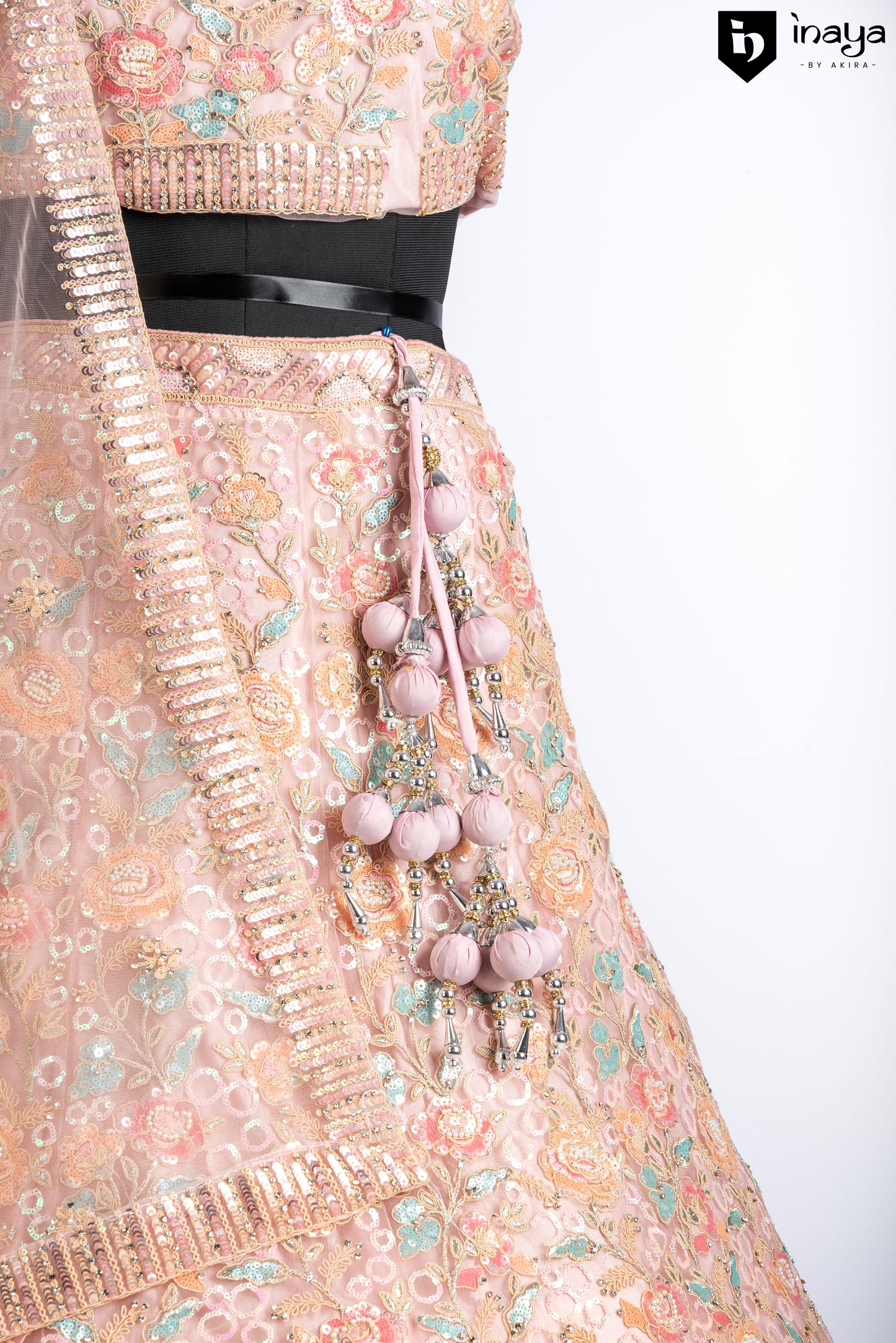 Peach Blossom Elegance Semi-Stitched Net Lehenga with Embellished Dupatta