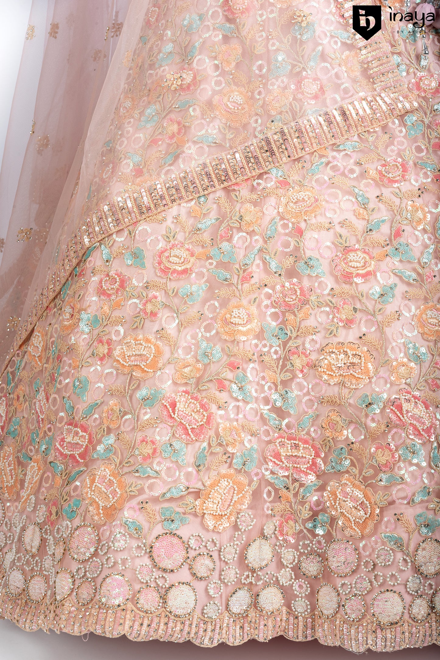 Peach Blossom Elegance Semi-Stitched Net Lehenga with Embellished Dupatta