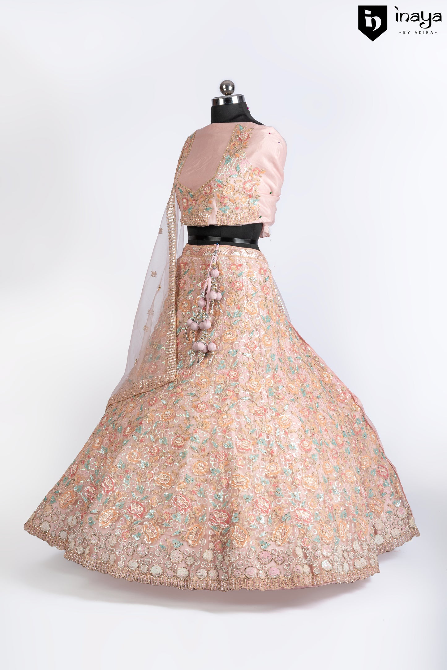 Peach Blossom Elegance Semi-Stitched Net Lehenga with Embellished Dupatta