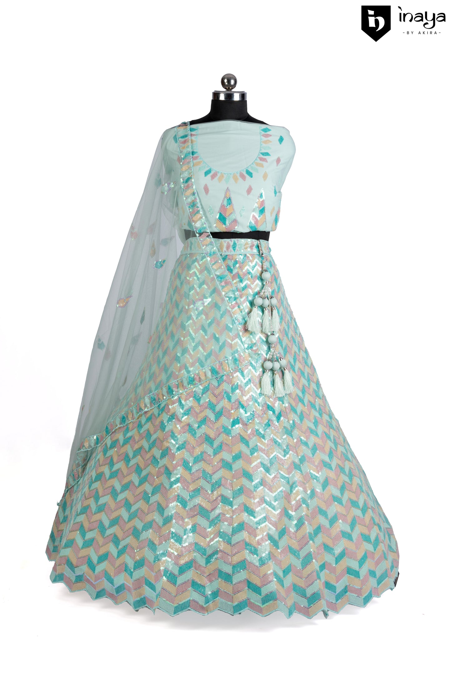 Contemporary Aqua Chevron Semi-Stitched Lehenga with Sheer Tasseled Dupatta