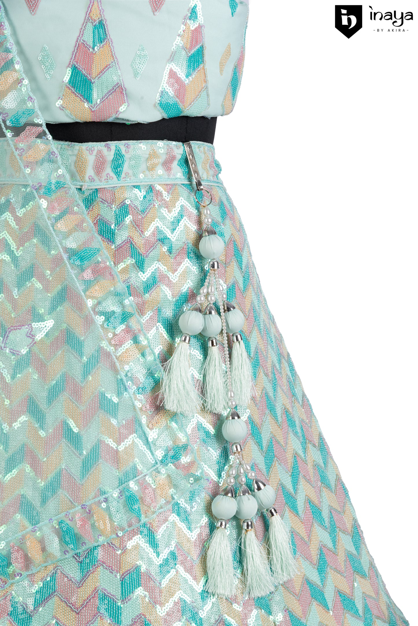 Contemporary Aqua Chevron Semi-Stitched Lehenga with Sheer Tasseled Dupatta