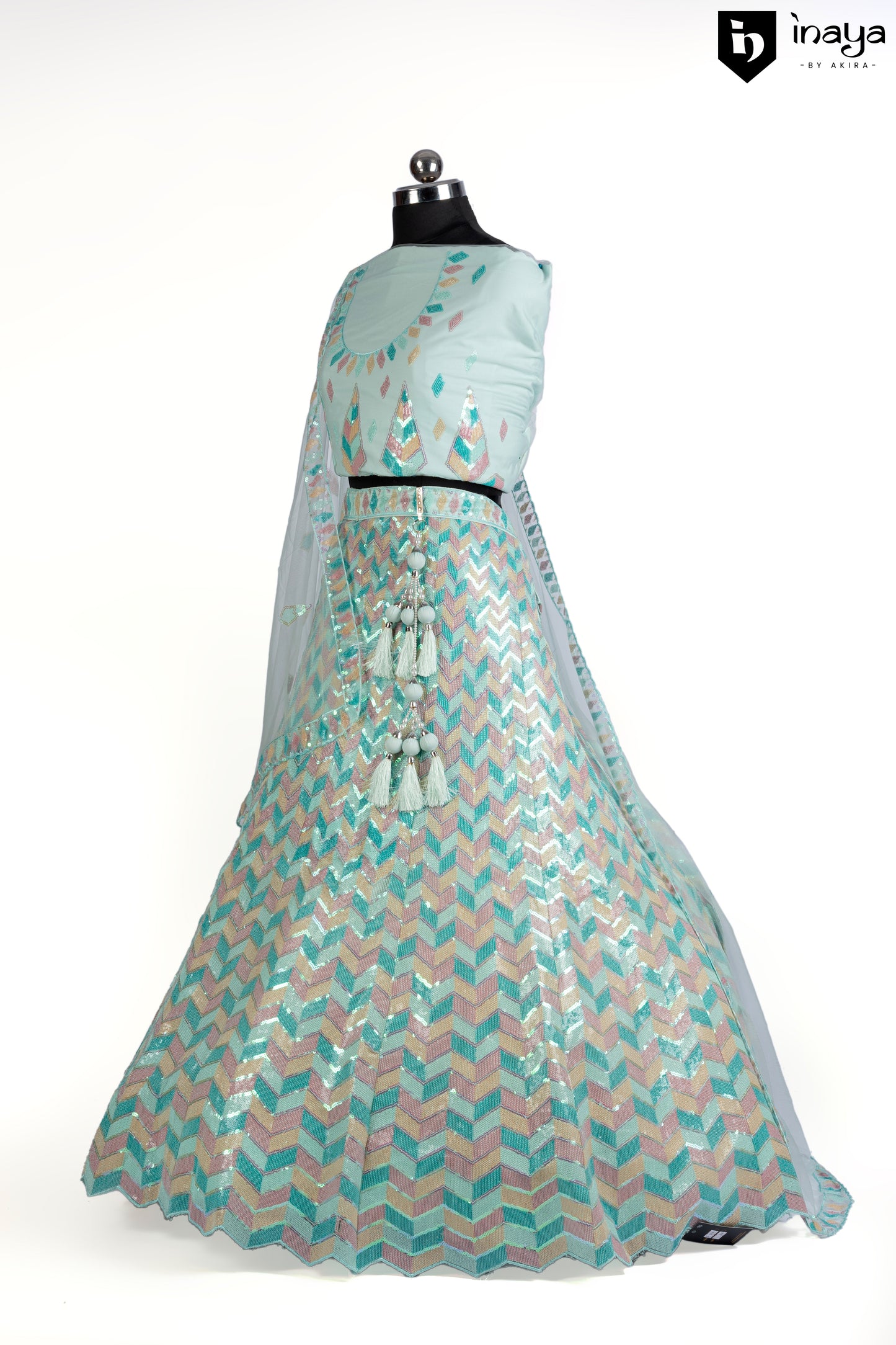 Contemporary Aqua Chevron Semi-Stitched Lehenga with Sheer Tasseled Dupatta