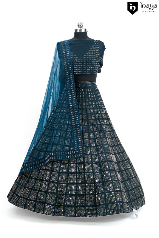 Contemporary Navy Blue Satin Crepe Geometric Lehenga with Mirror Work