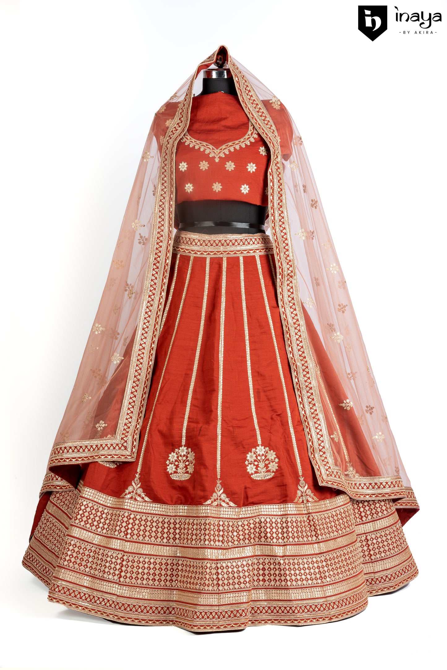 Classic Ivory and Red Semi-Stitched Bridal Lehenga with Golden Embroidery