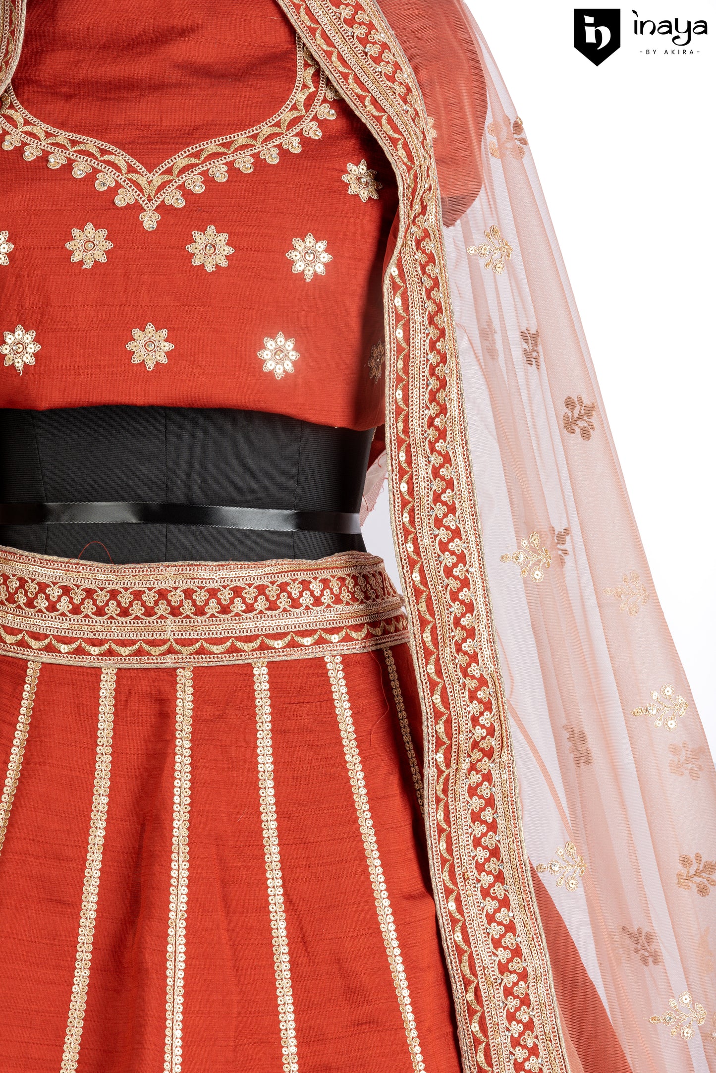 Classic Ivory and Red Semi-Stitched Bridal Lehenga with Golden Embroidery