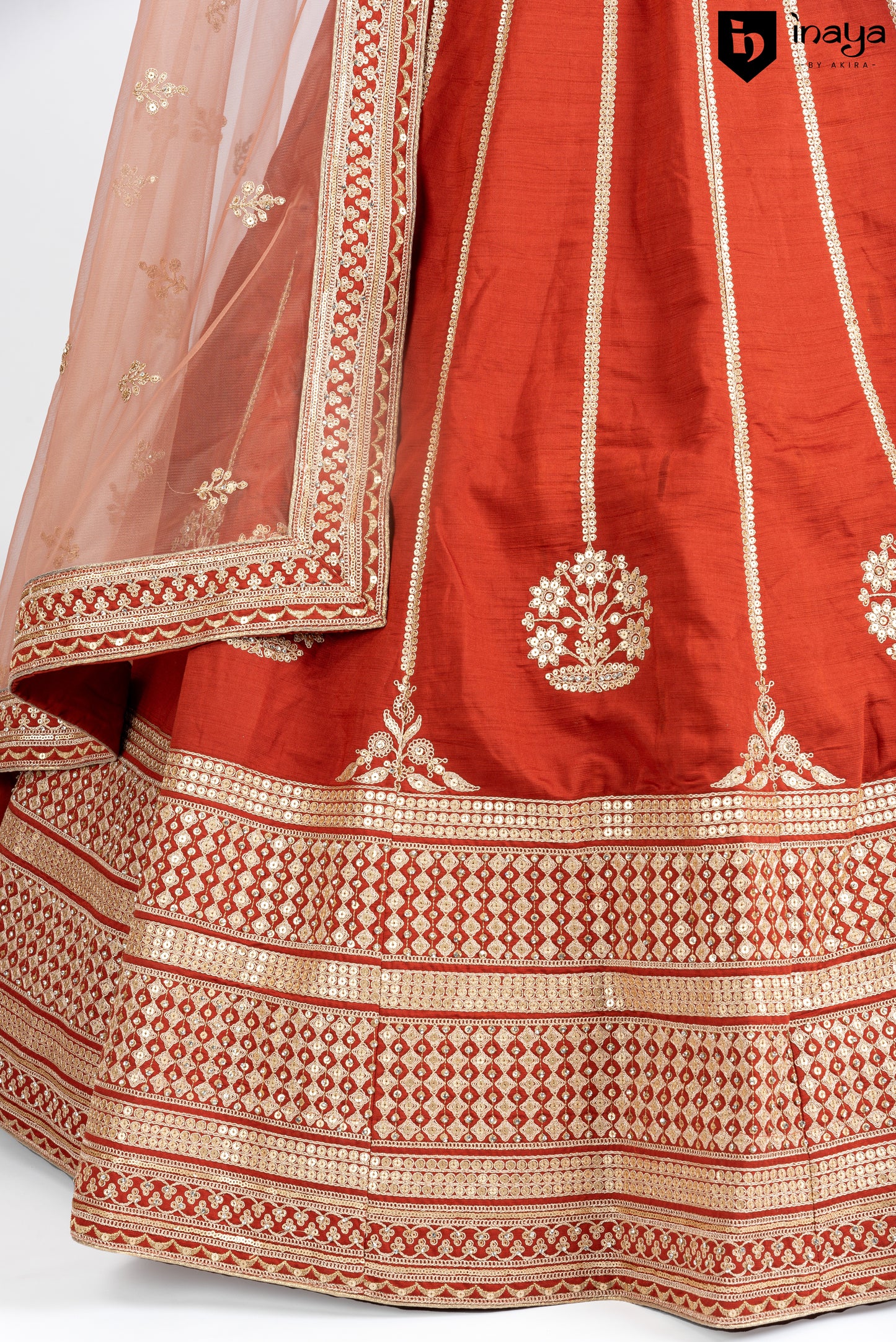 Classic Ivory and Red Semi-Stitched Bridal Lehenga with Golden Embroidery