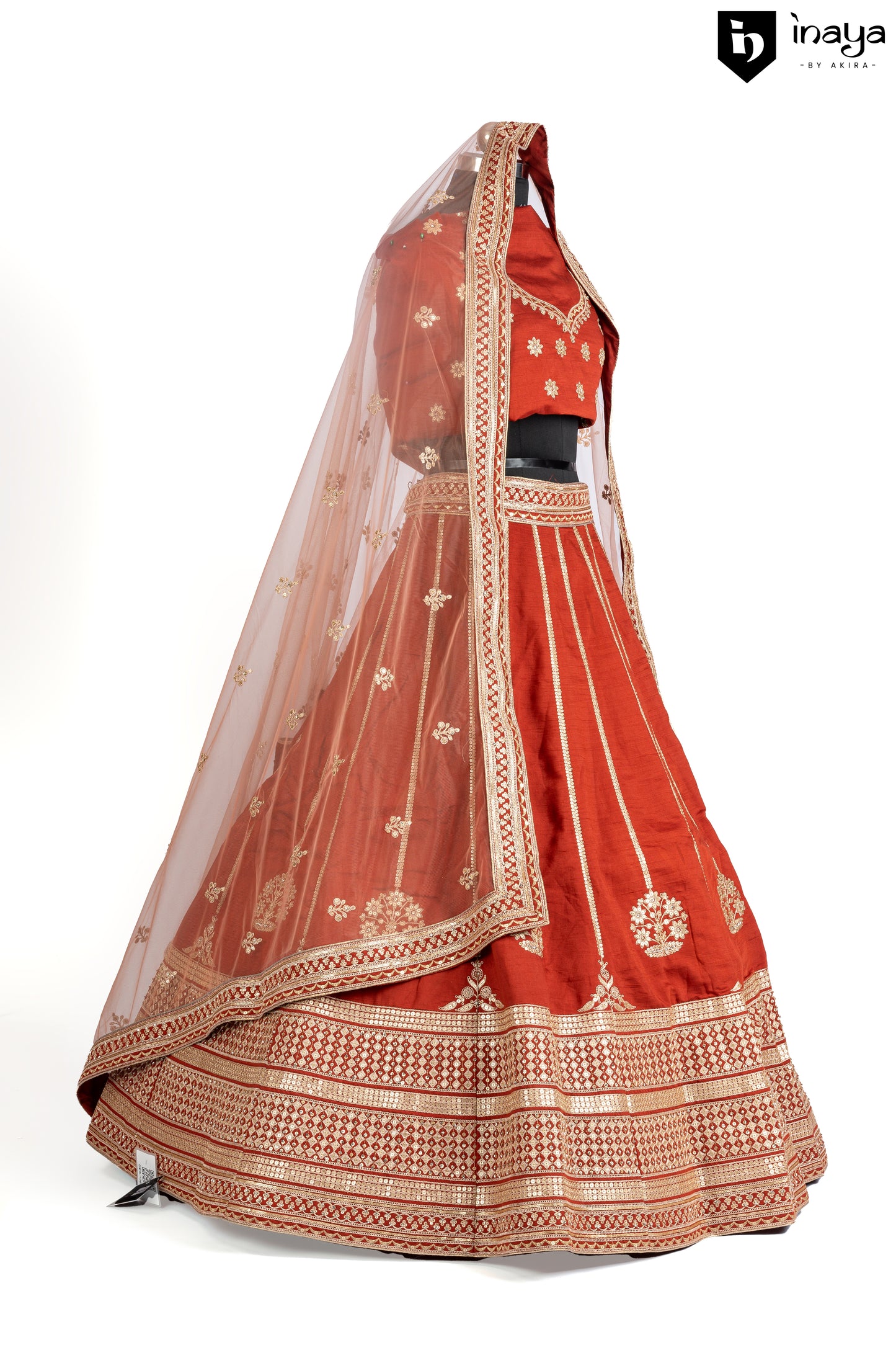 Classic Ivory and Red Semi-Stitched Bridal Lehenga with Golden Embroidery