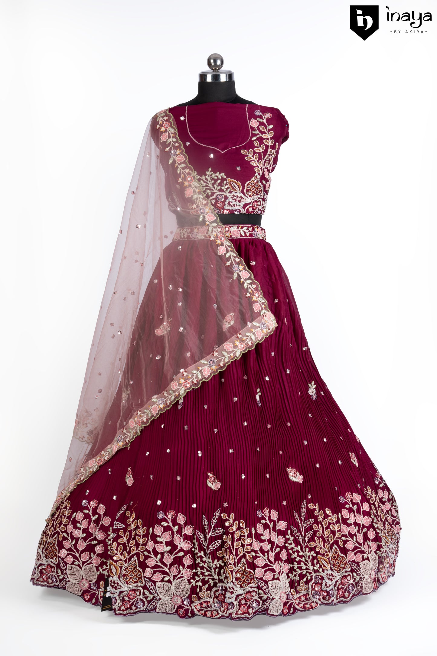 Elegant Wine Crepe Silk Semi-Stitched Lehenga Set with Embroidered Dupatta