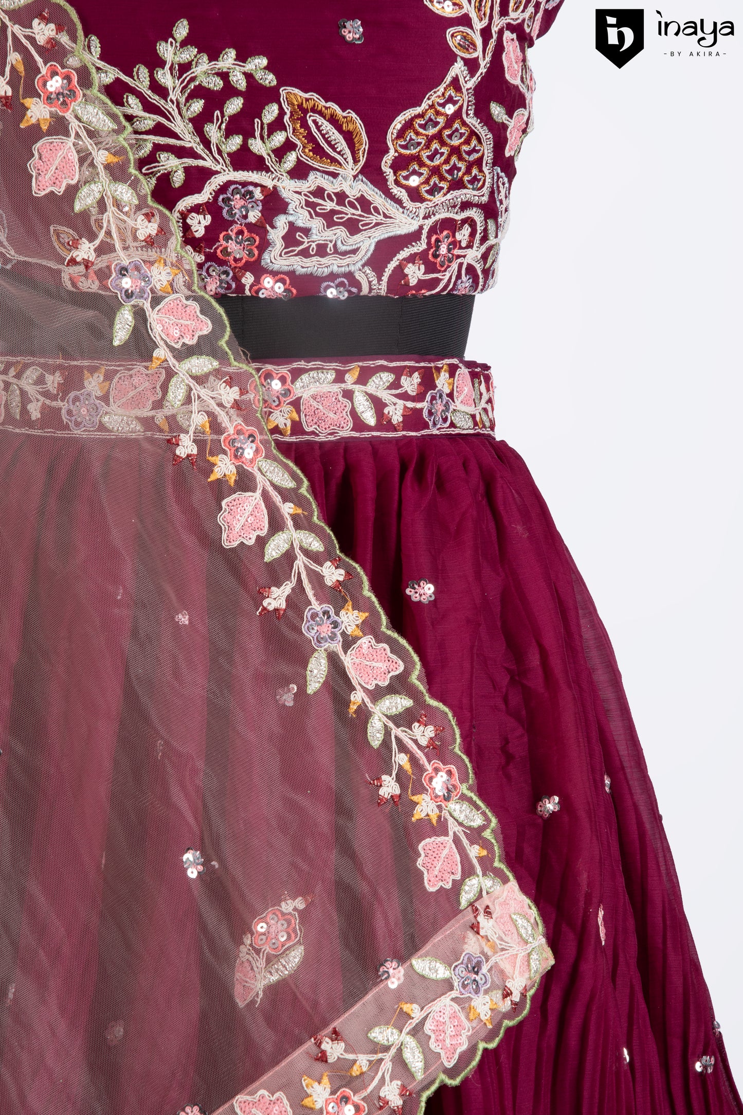 Elegant Wine Crepe Silk Semi-Stitched Lehenga Set with Embroidered Dupatta