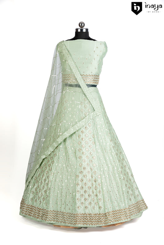 Elegance Redefined: Seafoam Green Satin Silk Semi-Stitched Lehenga