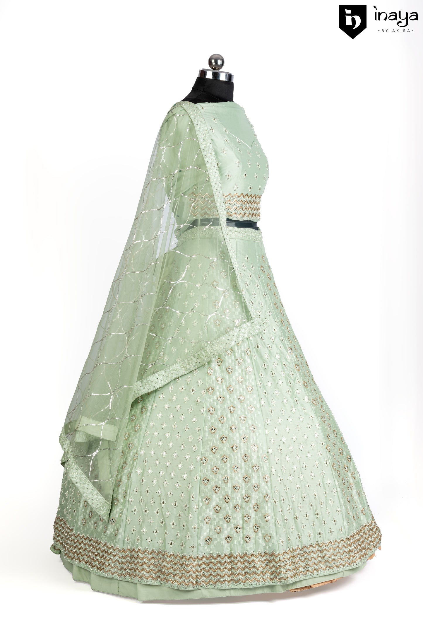 Elegance Redefined: Seafoam Green Satin Silk Semi-Stitched Lehenga