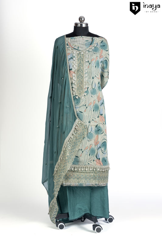 Mystic Teal Rayon Cotton Ensemble with Botanical Embroidery