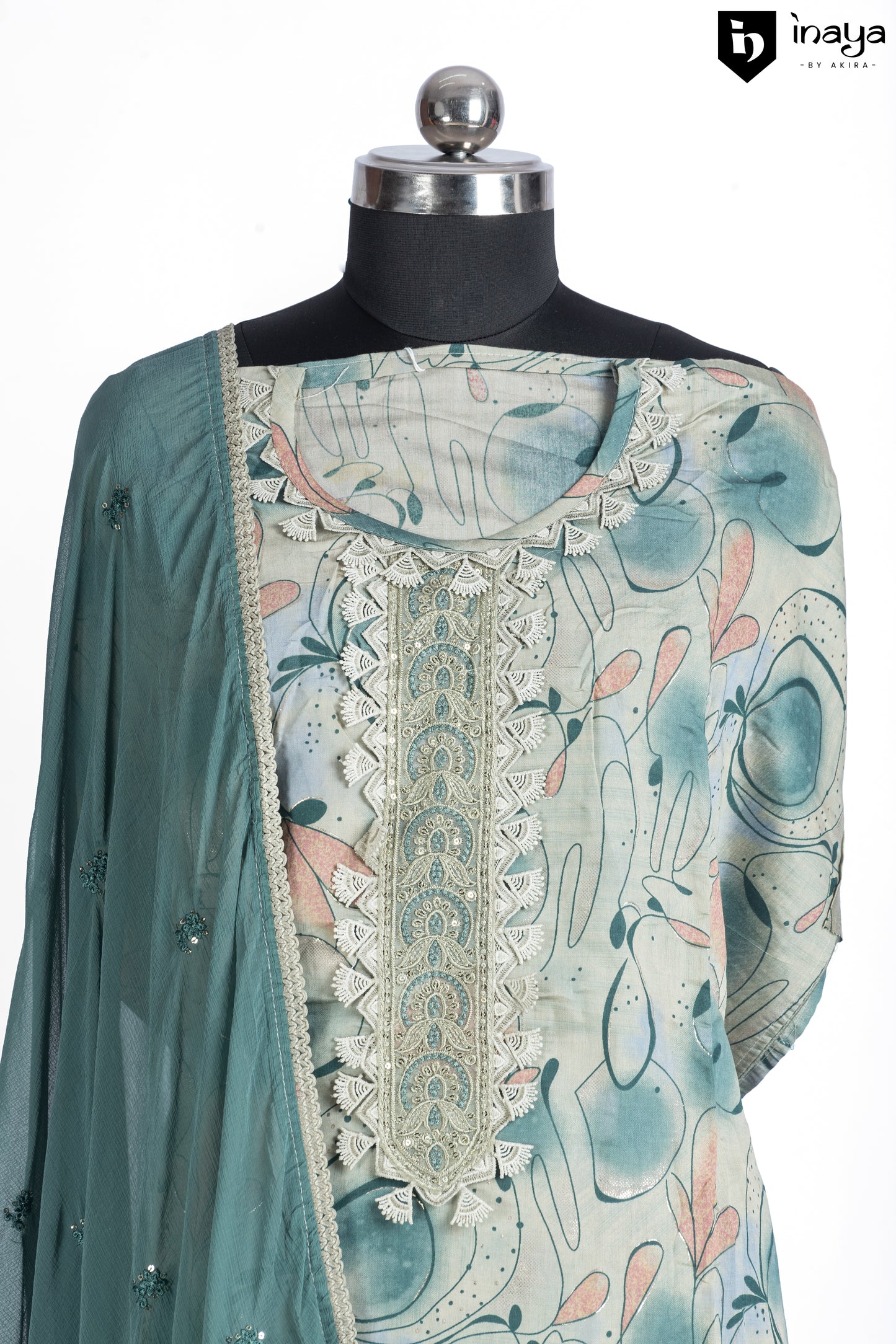 Mystic Teal Rayon Cotton Ensemble with Botanical Embroidery