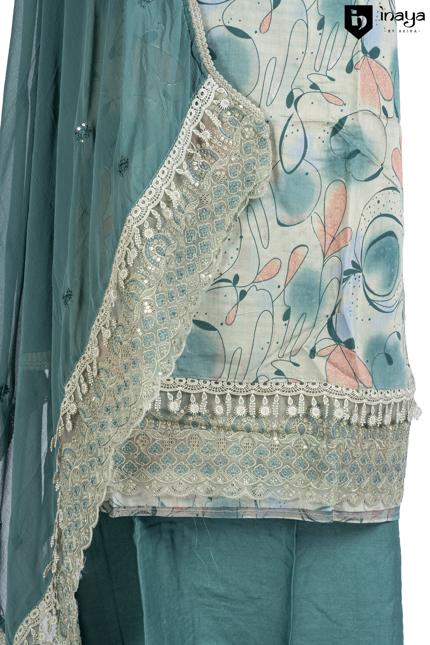 Mystic Teal Rayon Cotton Ensemble with Botanical Embroidery