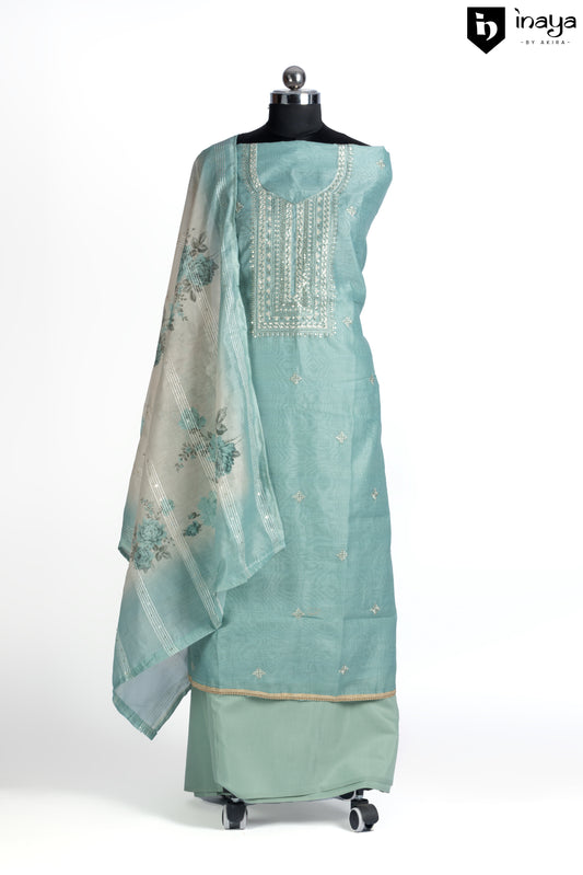 Aqua Elegance Organza Suit with Delicate Embellishments