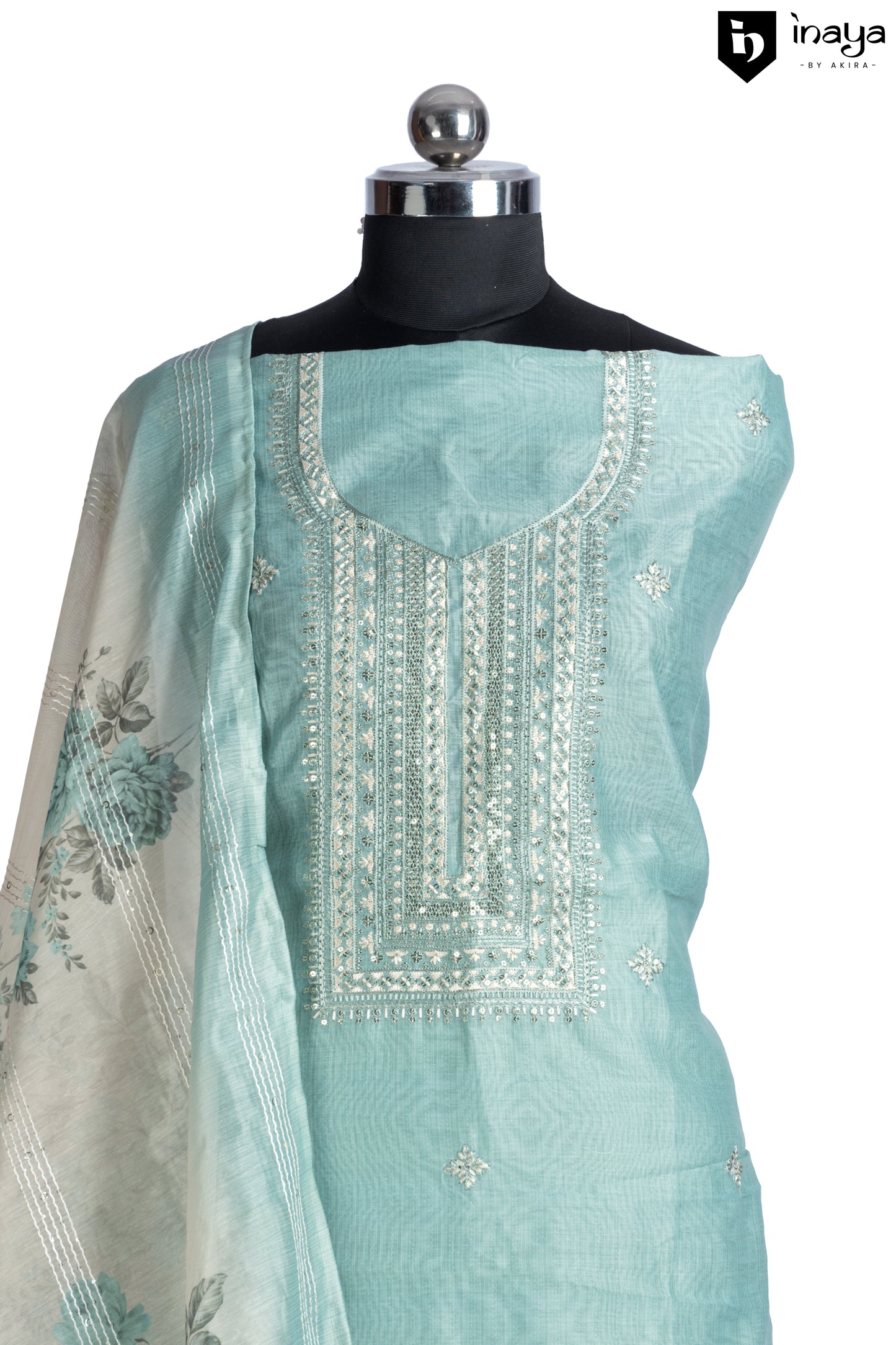 Aqua Elegance Organza Suit with Delicate Embellishments