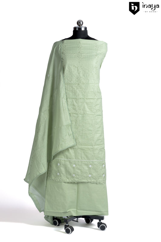 Pistachio Green Cotton Dress with White Embellished Chikankari Work