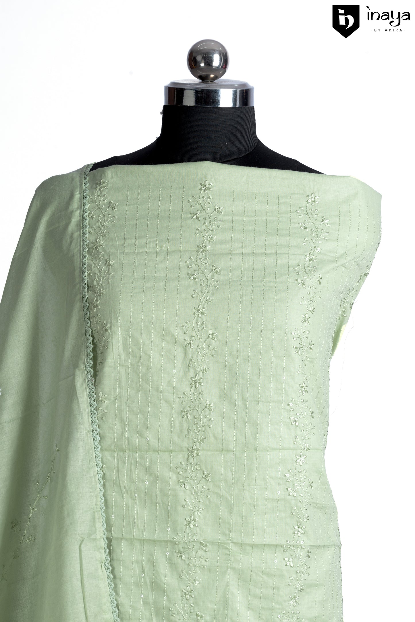 Pistachio Green Cotton Dress with White Embellished Chikankari Work