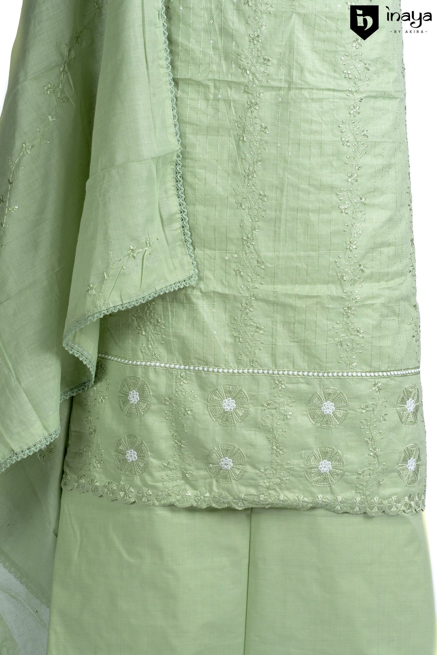 Pistachio Green Cotton Dress with White Embellished Chikankari Work