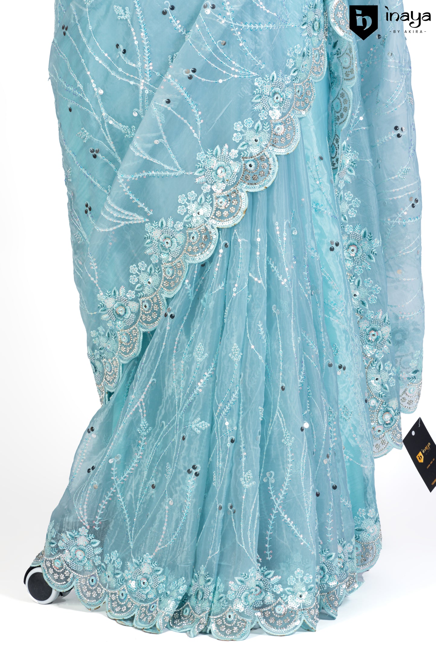 Aqua Elegance Organza Saree with Crystal Embellishments