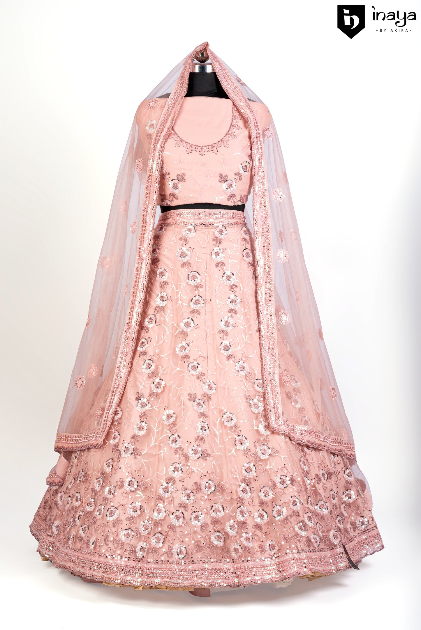 Peach Perfection: Peach Netted Fabric Semi-Stitched Lehenga with Sequin Flourishes