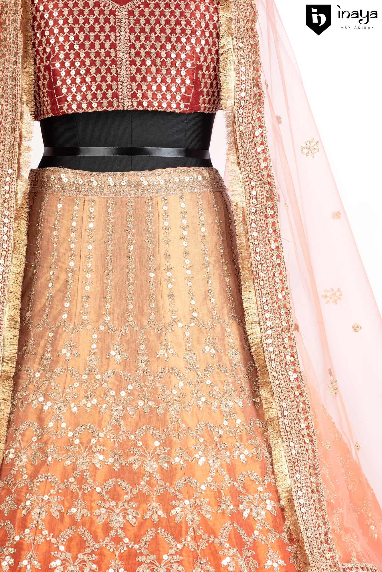 Mocha and Ice: Mocha Raw Silk Semi-Stitched Bridal Lehenga with Ice Orange Dupatta