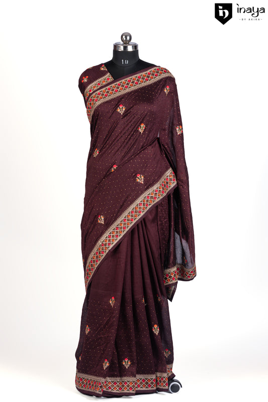 Wine Red Georgette Saree with Traditional Motifs