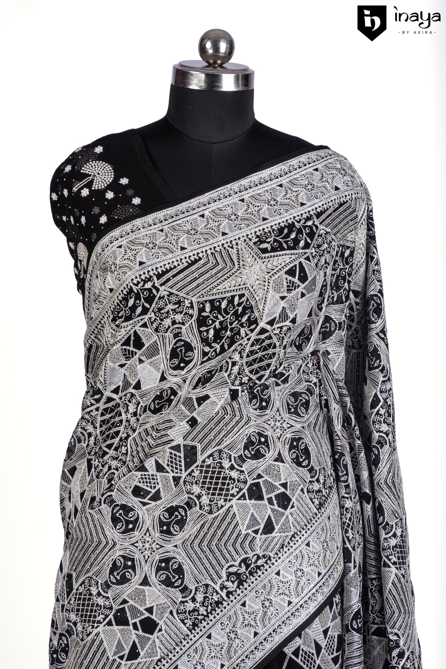 Black Georgette Saree with Monochrome Bandhani Print